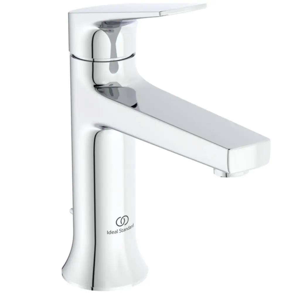 Chromene Waschtischarmatur von Ideal Standard mit flachem Auslauf und schmalem Hebel. Integrierte Ablaufgarnitur. Minimalistisches Design, ideal für moderne Bäder.
